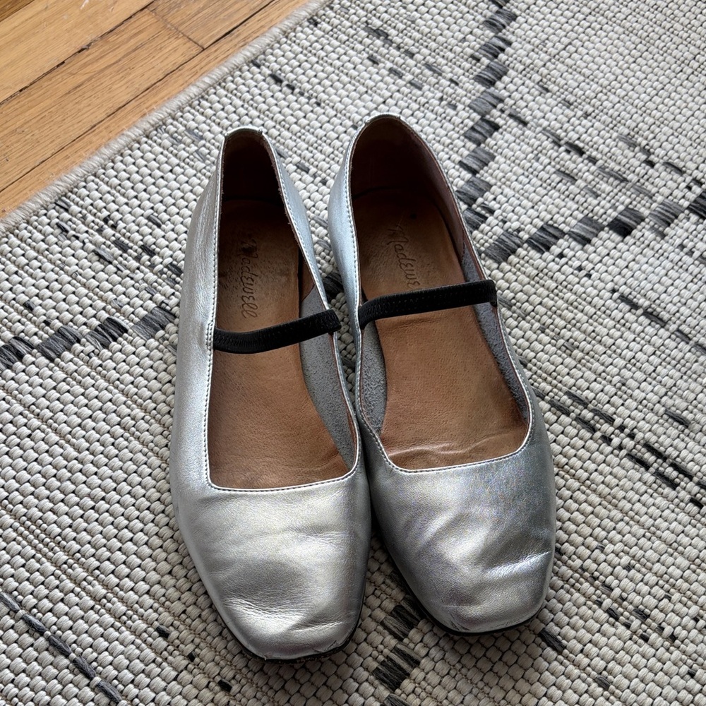 Madewell Silver Ballet Flats with Black Elastic Strap